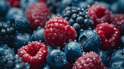 Macro shot of a mix of freshly washed raspberries and blueberries with water droplets enhancing their ripe textures.

