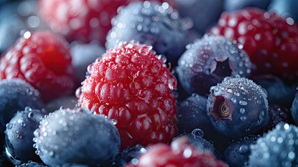 Macro photography of a selection of dew-covered raspberries and blueberries, showcasing the delicate water droplets and textures.

