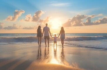 Back view of a family holding hands and standing on the beach, with two adults and two children looking at the sea during sunset - Powered by Adobe