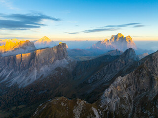 Sunset in Giau Pass, Dolomites, Italy. Aerial view. 