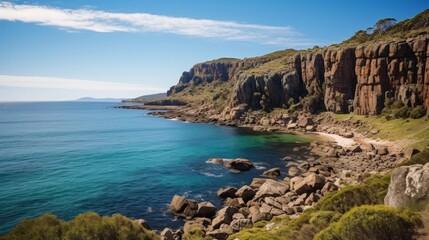 Rocky cliffs overlooking a tranquil ocean bay