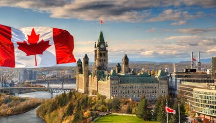 canadian flag waving with parliament buildings hill and library - obrazy, fototapety, plakaty
