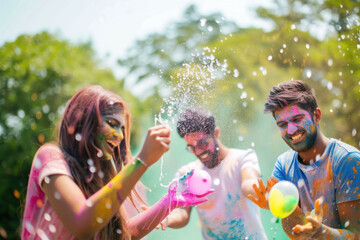 A group of young Indian men and women having a water balloon fight during Holi celebrations