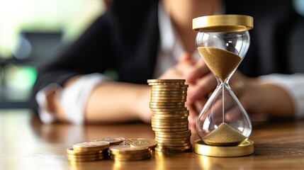 Hourglass and Coins on Desk