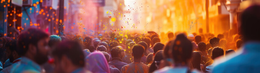 A street scene in India showing crowds of people splashing colored water on each other for Holi....