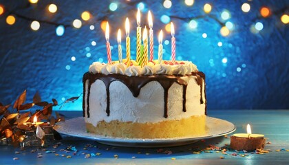 delicious birthday cake with lighting candles on blue background