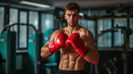 Action young male handsome boxer wearing boxing gloves in gym background