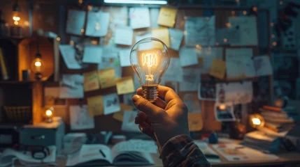 Foto op Plexiglas creative business plan ideas concept of glowing light bulb and sticky note on brainstorming board background.  © ANEK