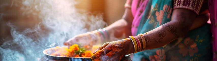 Obraz na płótnie Canvas Woman Preparing Traditional Bhang for Holi Festivities. Holi Festival, India's Most Colorful Festival