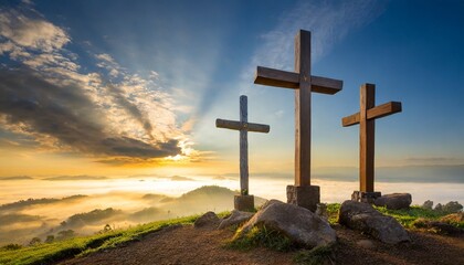 crucifixion of jesus christ at sunrise three crosses on hill