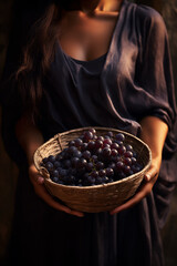 A close-up view of a woman in a loose blue garment offering a basket brimming with dark, ripe grapes.
