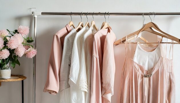 feminine clothes in pastel pink color on hanger on white background spring cleaning home wardrobe minimal fashion concept