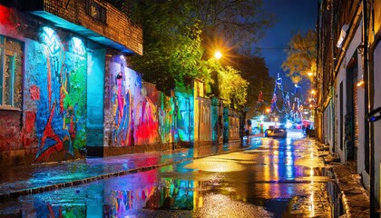 wet city street after rain at night time with colorful light and graffiti wall generative ai