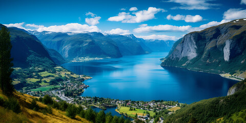 Stunning mountain landscape in Aurland with travel accessories in a suitcase, Aurlandsfjord Against Scenic Blue Sky Norway,   Generative AI