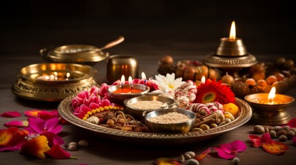 Diwali puja thali with sacred symbols and offerings for blessings