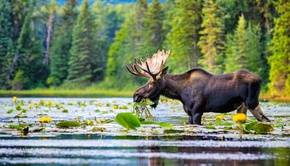 a bull moose eating lily pads in the lake in early morning shot in algonquin provincial park ontario canada - obrazy, fototapety, plakaty