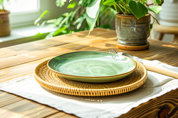 Empty green ceramic plate on the wooden table with a green plant in the background. Nordic style