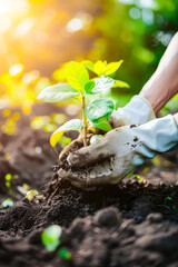 Hands in white gloves planting a tree in the garden with sunlight. Springtime and environment concepts.