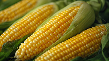 Ears of ripe, golden corn, freshly harvested, lay in a natural arrangement, their kernels plump and glistening, nestled within vibrant green husks