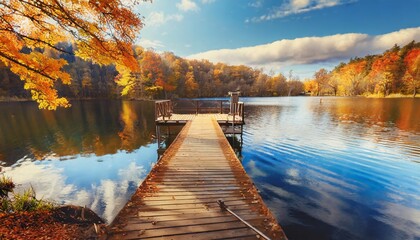 wooden dock on autumn lake