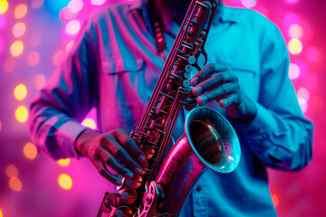 Fototapeta premium Musician hands on saxophone with pink bokeh lights