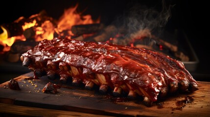 Flame kissed bbq pork ribs, showcasing the beauty of slow cooked meats - obrazy, fototapety, plakaty