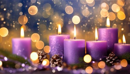 abstract advent four purple candles with soft blurry lights and glittering on flames - Powered by Adobe