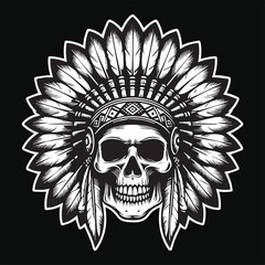 Fototapeta premium Dark Art Indian Skull Head with Indian Hat Black and White Illustration