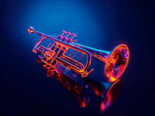 Bright neon trumpet on blue background