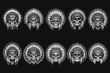 Dark Art Indian Skull Head with Indian Hat Black and White Illustration