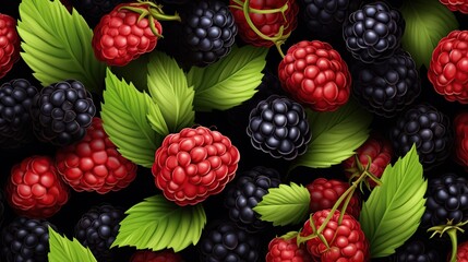 Ripe organic raspberries and blackberries background. - obrazy, fototapety, plakaty