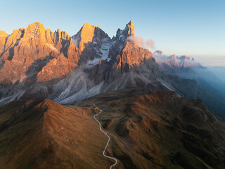 Aerial view of Pale di San Martino at sunset. Dolomites, Italy. - 733157953