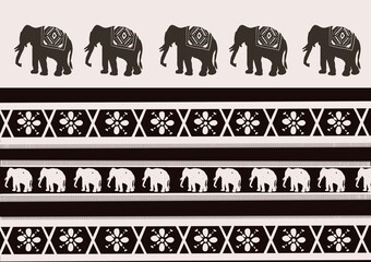 South East Asia elephant batik ethnic seamless pattern. Black and white. Thai, Indonesian, Cambodian style. Design for clothing, fabric, carpet, home decor, accessories, wallpaper, batik, texture.