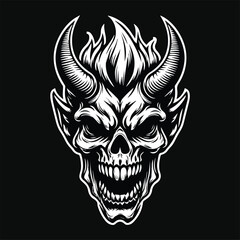 Dark Art Angry Demon Skull Head with Horn Black and White Illustration
