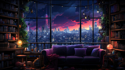 Colorful interior of cartoon style with a view of a rainy forest and atmospheric lighting