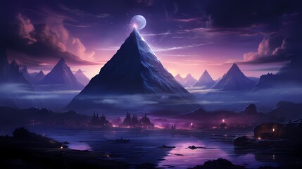 An enchanting violet pyramid surrounded by ethereal mist