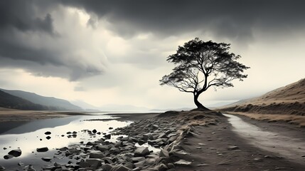 An ethereal black and white photograph of a lone tree standing tall against a cloudy sky