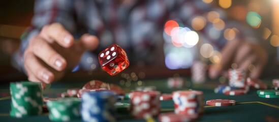 A gambler man throwing dice at a casino table isolated blur background. Generated AI image