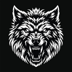 Dark Art Angry Wolf Head Black and White Illustration