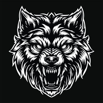 Dark Art Angry Wolf Head Black and White Illustration