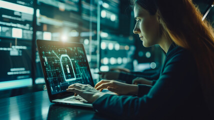 
Cybersecurity and Privacy: A businesswoman utilizes secure encryption on her laptop for safe access to personal data, documents, banking, and email.