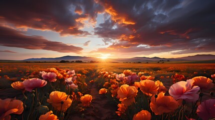 A breathtaking golden sunrise illuminating a vast field of blooming --ar 16:9 --v 5.2 --s 750** - Image #1 @maliktanveer - obrazy, fototapety, plakaty