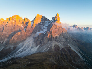 Aerial view of Pale di San Martino at sunset. Dolomites, Italy. - 733159548