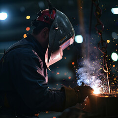 Welder in a workshop welds metal together