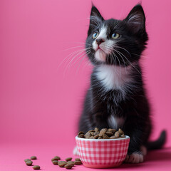 A black and white kitten with captivating eyes sits next to a bowl of cat food on a vibrant pink background, appearing to gaze curiously at something in the distance