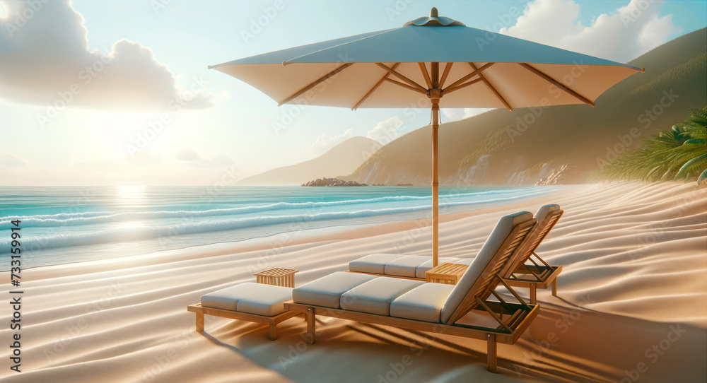 Poster serene beach setup with sun loungers and umbrella at sunset. relaxation and travel concept generativ