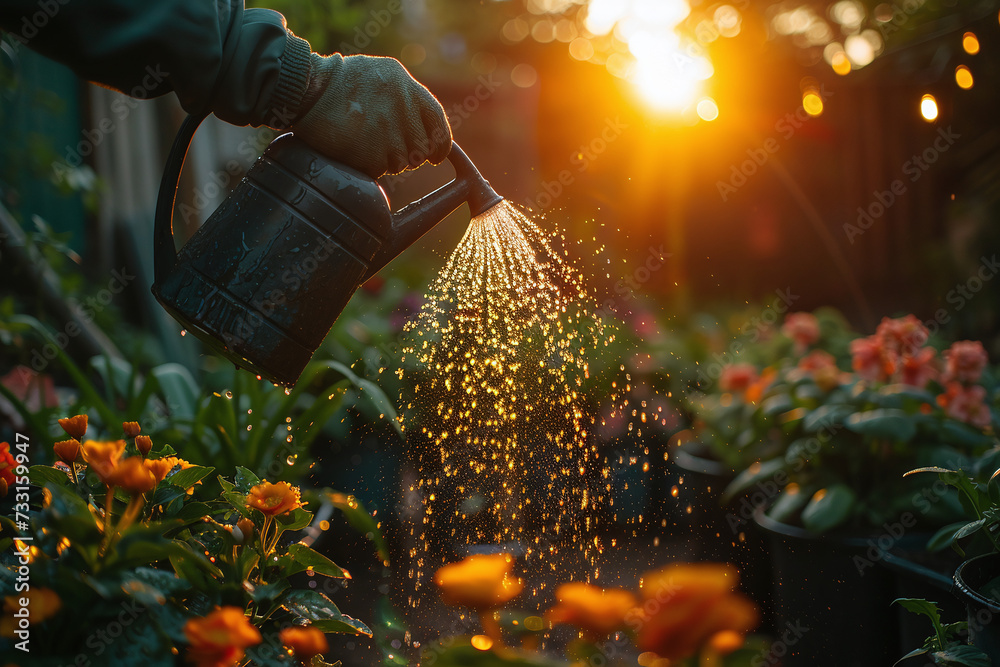 Wall mural a silhouette of a person watering the garden during sunset, with the water droplets catching the gol