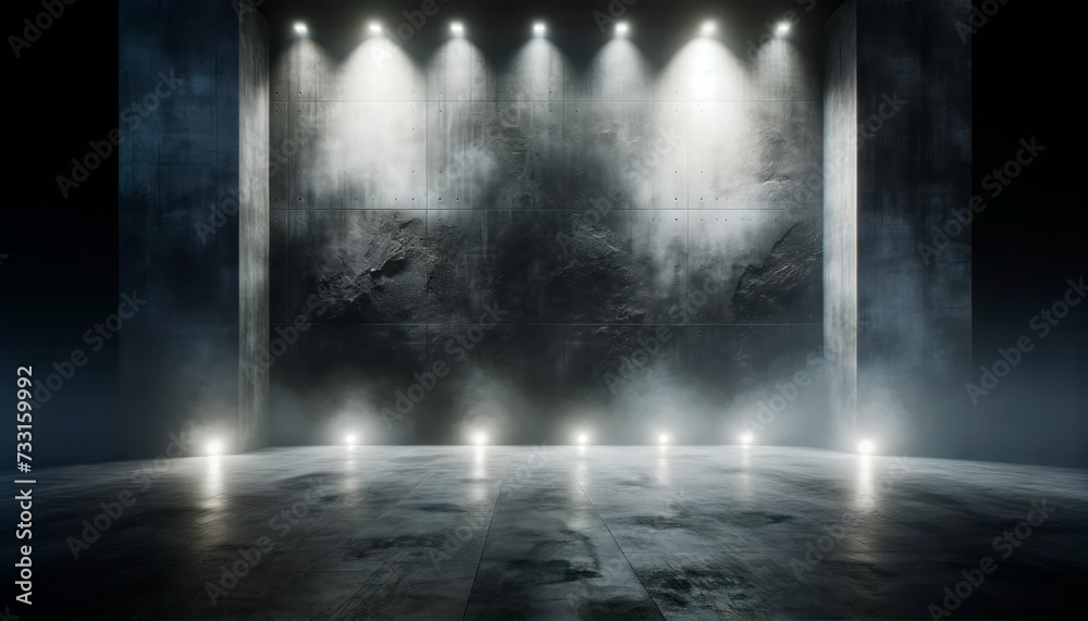 Poster spotlit dark textured wall in an empty space. dramatic atmosphere concept. generative ai