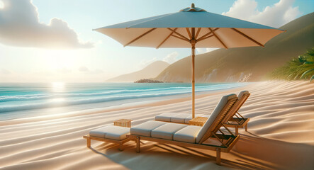 Serene beach setup with sun loungers and umbrella at sunset. Relaxation and travel concept Generative AI