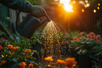 A silhouette of a person watering the garden during sunset, with the water droplets catching the golden light.